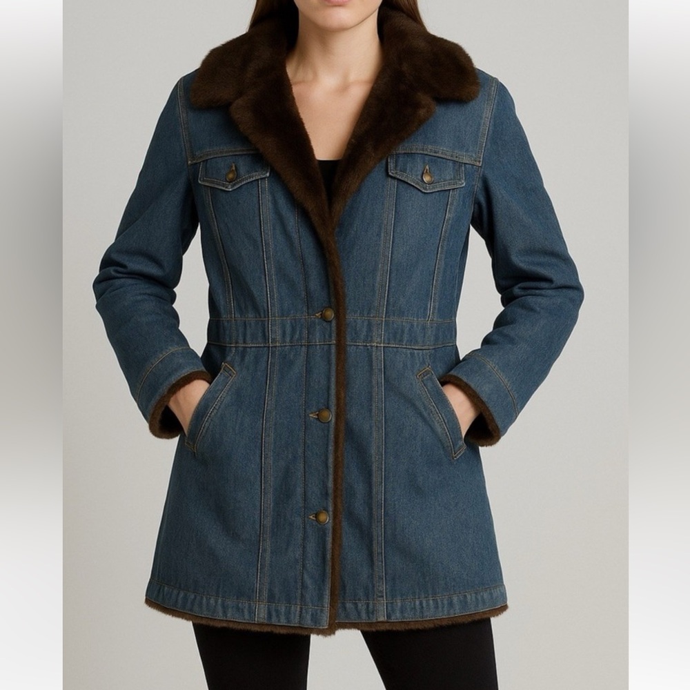 Marvin Richards Vintage Denim Coat with Brown Fur Lining